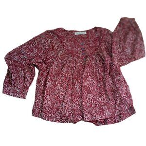 We Free People Cool Meadow Printed Rust Red Balloon Sleeve Boho Tunic Top Sz S
